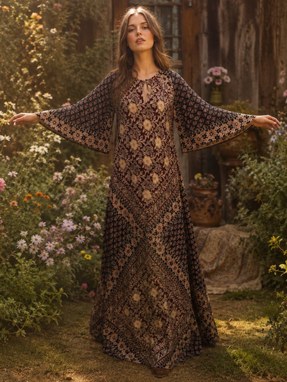 Vtg 70s Kaiser Cotton Block Print Hippie Boho Caftan Angel Wing Maxi Dress